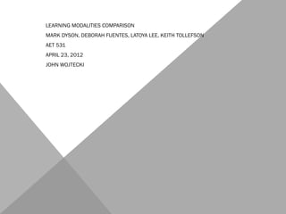 LEARNING MODALITIES COMPARISON
MARK DYSON, DEBORAH FUENTES, LATOYA LEE, KEITH TOLLEFSON
AET 531
APRIL 23, 2012
JOHN WOJTECKI
 