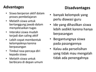 Advantages
• Siswa berperan aktif dalam
proses pembelajaran
• Melatih siswa untuk
bertanggung jawab dalam
menyelesaikan tugas
• Interaksi siswa mudah
terjadi dan saling aktif
• Lebih cepat membentuk
kelompoknya karena
berpasangan
• Timbul rasa percaya diri
kepada siswa
• Melatih siswa untuk
berbicara di depan umum
Disadvantages
• banyak kelompok yang
perlu diawasi guru
• Ide yang dihasilkan siswa
lebih sedikit karena hanya
berpasangan
• Bergantungnya siswa
pada pasangannya
• Kalau ada perselisihan
yang tidak mau mengalah
tidak ada penengahnya
 
