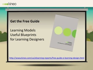 Get the Free Guide

Learning Models
Useful Blueprints
for Learning Designers



http://www.kineo.com/us/elearning-reports/free-guide-e-learning-design.html
 