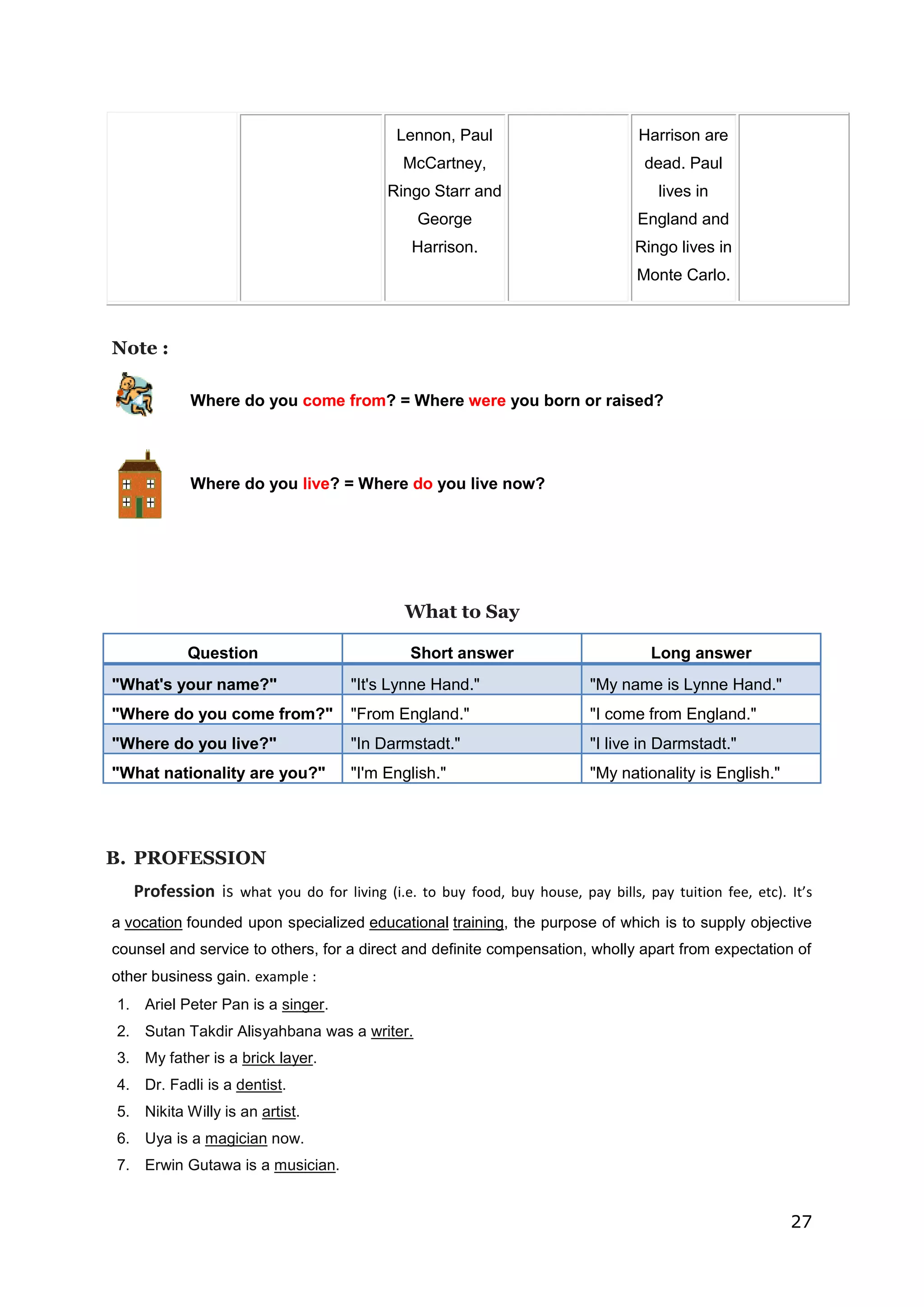 27
Lennon, Paul
McCartney,
Ringo Starr and
George
Harrison.
Harrison are
dead. Paul
lives in
England and
Ringo lives in
Monte Carlo.
Note :
Where do you come from? = Where were you born or raised?
Where do you live? = Where do you live now?
What to Say
Question Short answer Long answer
"What's your name?" "It's Lynne Hand." "My name is Lynne Hand."
"Where do you come from?" "From England." "I come from England."
"Where do you live?" "In Darmstadt." "I live in Darmstadt."
"What nationality are you?" "I'm English." "My nationality is English."
B. PROFESSION
Profession is what you do for living (i.e. to buy food, buy house, pay bills, pay tuition fee, etc). It’s
a vocation founded upon specialized educational training, the purpose of which is to supply objective
counsel and service to others, for a direct and definite compensation, wholly apart from expectation of
other business gain. example :
1. Ariel Peter Pan is a singer.
2. Sutan Takdir Alisyahbana was a writer.
3. My father is a brick layer.
4. Dr. Fadli is a dentist.
5. Nikita Willy is an artist.
6. Uya is a magician now.
7. Erwin Gutawa is a musician.
 
