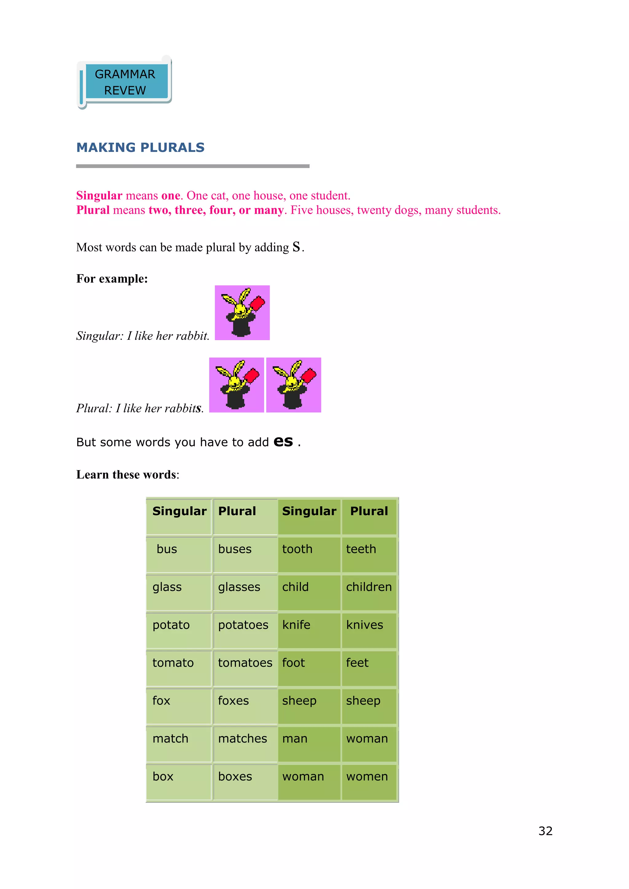 32
MAKING PLURALS
Singular means one. One cat, one house, one student.
Plural means two, three, four, or many. Five houses, twenty dogs, many students.
Most words can be made plural by adding s.
For example:
Singular: I like her rabbit.
Plural: I like her rabbits.
But some words you have to add es .
Learn these words:
Singular Plural Singular Plural
bus buses tooth teeth
glass glasses child children
potato potatoes knife knives
tomato tomatoes foot feet
fox foxes sheep sheep
match matches man woman
box boxes woman women
GRAMMAR
REVEW
 