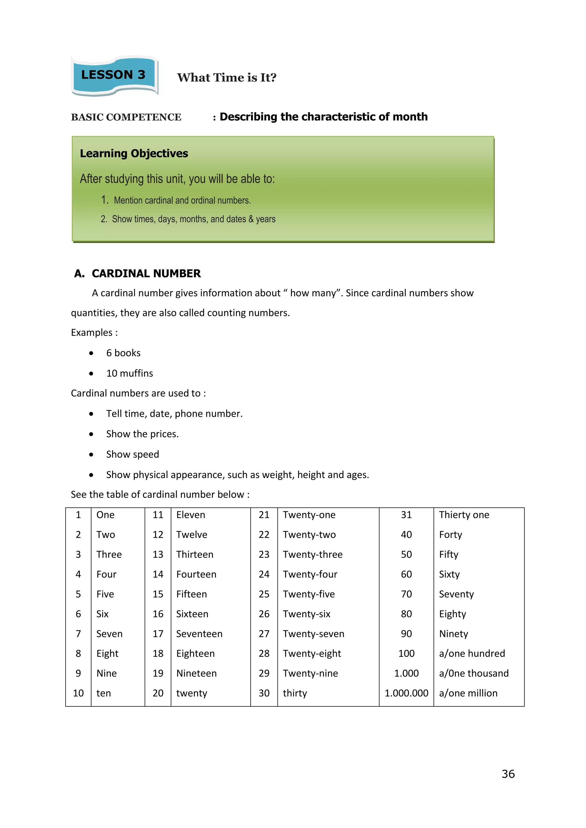 36
What Time is It?
BASIC COMPETENCE : Describing the characteristic of month
A. CARDINAL NUMBER
A cardinal number gives information about “ how many”. Since cardinal numbers show
quantities, they are also called counting numbers.
Examples :
 6 books
 10 muffins
Cardinal numbers are used to :
 Tell time, date, phone number.
 Show the prices.
 Show speed
 Show physical appearance, such as weight, height and ages.
See the table of cardinal number below :
1
2
3
4
5
6
7
8
9
10
One
Two
Three
Four
Five
Six
Seven
Eight
Nine
ten
11
12
13
14
15
16
17
18
19
20
Eleven
Twelve
Thirteen
Fourteen
Fifteen
Sixteen
Seventeen
Eighteen
Nineteen
twenty
21
22
23
24
25
26
27
28
29
30
Twenty-one
Twenty-two
Twenty-three
Twenty-four
Twenty-five
Twenty-six
Twenty-seven
Twenty-eight
Twenty-nine
thirty
31
40
50
60
70
80
90
100
1.000
1.000.000
Thierty one
Forty
Fifty
Sixty
Seventy
Eighty
Ninety
a/one hundred
a/0ne thousand
a/one million
LESSON 3
22
Learning Objectives
After studying this unit, you will be able to:
1. Mention cardinal and ordinal numbers.
2. Show times, days, months, and dates & years
 