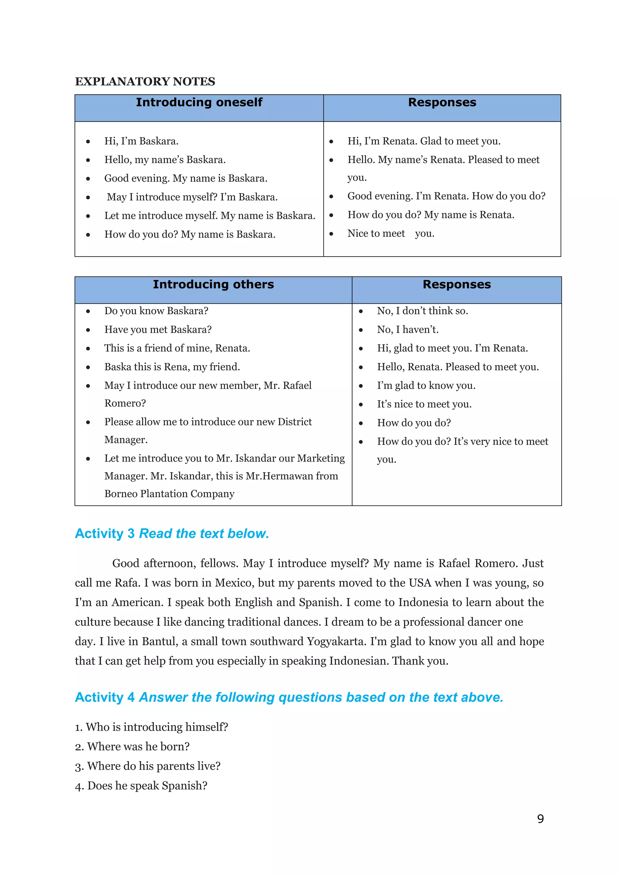 9
EXPLANATORY NOTES
Introducing oneself Responses
 Hi, I’m Baskara.
 Hello, my name’s Baskara.
 Good evening. My name is Baskara.
 May I introduce myself? I’m Baskara.
 Let me introduce myself. My name is Baskara.
 How do you do? My name is Baskara.
 Hi, I’m Renata. Glad to meet you.
 Hello. My name’s Renata. Pleased to meet
you.
 Good evening. I’m Renata. How do you do?
 How do you do? My name is Renata.
 Nice to meet you.
Introducing others Responses
 Do you know Baskara?
 Have you met Baskara?
 This is a friend of mine, Renata.
 Baska this is Rena, my friend.
 May I introduce our new member, Mr. Rafael
Romero?
 Please allow me to introduce our new District
Manager.
 Let me introduce you to Mr. Iskandar our Marketing
Manager. Mr. Iskandar, this is Mr.Hermawan from
Borneo Plantation Company
 No, I don’t think so.
 No, I haven’t.
 Hi, glad to meet you. I’m Renata.
 Hello, Renata. Pleased to meet you.
 I’m glad to know you.
 It’s nice to meet you.
 How do you do?
 How do you do? It’s very nice to meet
you.
Activity 3 Read the text below.
Good afternoon, fellows. May I introduce myself? My name is Rafael Romero. Just
call me Rafa. I was born in Mexico, but my parents moved to the USA when I was young, so
I'm an American. I speak both English and Spanish. I come to Indonesia to learn about the
culture because I like dancing traditional dances. I dream to be a professional dancer one
day. I live in Bantul, a small town southward Yogyakarta. I'm glad to know you all and hope
that I can get help from you especially in speaking Indonesian. Thank you.
Activity 4 Answer the following questions based on the text above.
1. Who is introducing himself?
2. Where was he born?
3. Where do his parents live?
4. Does he speak Spanish?
 