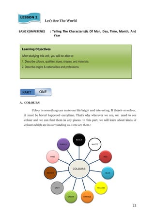 22
COLOURS
BLACK
WHITE
RED
BLUE
YELLOW
ORANGEGREEN
GREY
BROWN
PINK
PURPLE
Let’s See The World
BASIC COMPETENCE : Telling The Characteristic Of Man, Day, Time, Month, And
Year
A. COLOURS
Colour is something can make our life bright and interesting. If there’s no colour,
it must be bored happened everytime. That’s why wherever we are, we need to see
colour and we can find them in any places. In this part, we will learn about kinds of
colours which are in surrounding us. Here are them :
LESSON 2
22
Learning Objectives
After studying this unit, you will be able to:
1. Describe colours, qualities, sizes, shapes, and materials.
2. Describe origins & nationalities and professions.
PART ONE
 