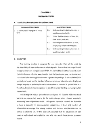 3
CHAPTER 1
INTRODUCTION
A. STANDARD COMPETENCE AND BASIC COMPETENCE
STANDARD COMPETENCE BASIC COMPETENCE
1. To communicate in English on novice
level
1.1. Understanding the basic utterances in
social interaction for life
1.2. Telling the characteristic of man, day,
time, month, and year.
1.3. Describing the characteristic of noun,
people, day, time month And year.
1.4. Understanding the basic utterances in
social interaction for life
B. DESCRIPTION
This learning module is designed for one semester that will be used by
Vocational High School students especially in X grade. This module is arranged based
on appropriate basic competences in KTSP. It’s planned to direct how students learn
English in fun and effective ways, in order that the learning purpose can be reached.
The success of a learning process will be signed in any changes of positive behaviour
on students based on the standard of competence and education aim. English as
foreign language is really important for the student to compete in globalization era.
Therefore, the students are expected to be able in understanding and using English
conceptually.
The strategy of module presentation is designed for students not only about
learning one source, but also to do the exploration on other relevant sources in
developing “Learning How to Learn”. Through this approach, students are expected
to have a capability in communication, cooperation in team and mastery of
information technology. The solving problem and decision interpretation can be
formed in students self. By this approach, assumed that the education aim can
create a professional and productive man who have good character and grandeur
people.
 