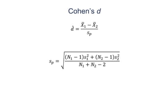 Cohen’s d
መ
𝑑 =
ത
𝑋1 − ത
𝑋2
𝑠𝑝
𝑠𝑝 =
𝑁1 − 1 𝑠1
2
+ 𝑁2 − 1 𝑠2
2
𝑁1 + 𝑁2 − 2
 
