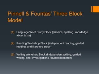 Pinnell & Fountas’ Three Block
Model
(1) Language/Word Study Block (phonics, spelling, knowledge
about texts)
(2) Reading Workshop Block (independent reading, guided
reading, and literature study)
(3) Writing Workshop Block (independent writing, guided
writing, and “investigations”/student research)

 