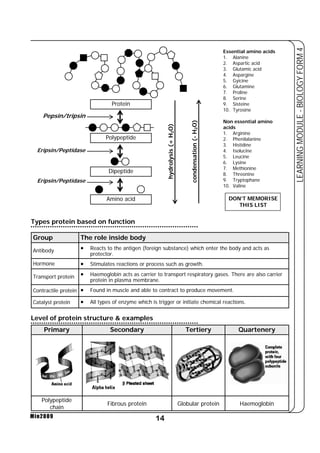14 
LEARNING MODULE - BIOLOGY FORM 4 
Types protein based on function 
Level of protein structure & examples 
Min2009 
Essential amino acids 
1. Alanine 
2. Aspartic acid 
3. Glutamic acid 
4. Aspargine 
5. Gyicine 
6. Glutamine 
7. Proline 
8. Serine 
9. Sisteine 
10. Tyrosine 
Non essential amino 
acids 
1. Arginine 
2. Phenilalanine 
3. Histidine 
4. Isolucine 
5. Leucine 
6. Lysine 
7. Methionine 
8. Threonine 
9. Tryptophane 
10. Valine 
DON’T MEMORISE 
THIS LIST 
Protein 
Polypeptide 
Dipeptide 
Amino acid 
Pepsin/tripsin 
Eripsin/Peptidase 
Eripsin/Peptidase 
hydrolysis (+ H2O) 
condensation (- H2O) 
Group The role inside body 
Antibody • Reacts to the antigen (foreign substance) which enter the body and acts as 
protector. 
Hormone • Stimulates reactions or process such as growth. 
Transport protein • Haemoglobin acts as carrier to transport respiratory gases. There are also carrier 
protein in plasma membrane. 
Contractile protein • Found in muscle and able to contract to produce movement. 
Catalyst protein • All types of enzyme which is trigger or initiate chemical reactions. 
Primary Secondary Tertiery Quartenery 
Polypeptide 
chain Fibrous protein Globular protein Haemoglobin 
 