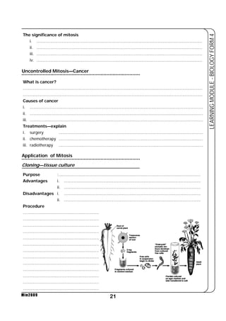 i. ................................................................................................................................... 
ii. ................................................................................................................................... 
iii. ................................................................................................................................... 
iv. ................................................................................................................................... 
Uncontrolled Mitosis—Cancer 
What is cancer? 
.............................................................................................................................................. 
.............................................................................................................................................. 
Causes of cancer 
i. ......................................................................................................................................... 
ii. ......................................................................................................................................... 
iii. ......................................................................................................................................... 
Treatments—explain 
i. surgery .................................................................................................................. 
ii. chemotherapy .................................................................................................................. 
iii. radiotherapy .................................................................................................................. 
Application of Mitosis 
Cloning—tissue culture 
Purpose :................................................................................................................ 
Advantages i. ............................................................................................................ 
21 
LEARNING MODULE - BIOLOGY FORM 4 
The significance of mitosis 
Min2009 
ii. ............................................................................................................ 
Disadvantages i. ............................................................................................................ 
ii. ............................................................................................................ 
Procedure 
............................................................ 
............................................................ 
............................................................ 
............................................................ 
............................................................ 
............................................................ 
............................................................ 
............................................................ 
............................................................ 
............................................................ 
............................................................ 
............................................................ 
............................................................ 
 
