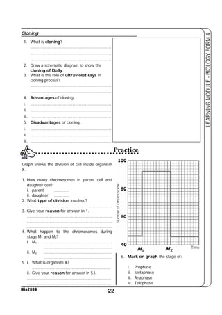 Graph shows the division of cell inside organism 
X. 
1. How many chromosomes in parent cell and 
daughter cell? 
i. parent ............ 
ii. daughter ............ 
2. What type of division involved? 
.................................................................... 
3. Give your reason for answer in 1. 
.................................................................... 
.................................................................... 
.................................................................... 
4. What happen to the chromosomes during 
stage M1 and M2? 
i. M1 ….................................................... 
22 
LEARNING MODULE - BIOLOGY FORM 4 
Min2009 
....................................................... 
ii. M2 ….................................................... 
....................................................... 
5. i. What is organism X? 
............................................................... 
ii. Give your reason for answer in 5.i. 
.................................................................... 
.................................................................... 
6. Mark on graph the stage of: 
i. Prophase 
ii. Metaphase 
iii. Anaphase 
iv. Telophase 
1. What is cloning? 
................................................................. 
................................................................. 
................................................................. 
2. Draw a schematic diagram to show the 
cloning of Dolly. 
3. What is the role of ultraviolet rays in 
cloning process? 
................................................................. 
................................................................. 
4. Advantages of cloning: 
i. ................................................................. 
ii. ................................................................. 
iii. ................................................................. 
5. Disadvantages of cloning: 
i. ................................................................. 
ii. ................................................................. 
iii. ................................................................. 
Practice 
Cloning 
 