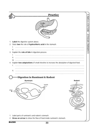1. Label the digestive system above. 
2. State two the role of hydrochloric acid in the stomach. 
i. ................................................................................................................................... 
ii. ................................................................................................................................... 
3. Explain the role of bile in digestion process. 
i. ................................................................................................................................... 
ii. ................................................................................................................................... 
iii. ................................................................................................................................... 
4. Explain two adaptations of small intestine to increase the absorption of digested food. 
i. ................................................................................................................................... 
................................................................................................................................... 
ii. ................................................................................................................................... 
................................................................................................................................... 
33 
LEARNING MODULE - BIOLOGY FORM 4 
Min2009 
Ruminant 
1. Label parts of ruminant’s and rodent’s stomach. 
2. Draw an arrow to show the flow of food inside ruminant’s stomach. 
Rodent 
Practice 
Digestion in Ruminant & Rodent 
mouth 
anus 
 