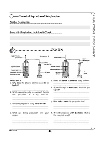 Chemical Equation of Respiration 
Questions 1 
a. Why does the glucose solution need to be 
boiled? 
................................................................ 
................................................................ 
b. Which apparatus acts as control? Explain 
the purpose of using control. 
................................................................ 
................................................................ 
................................................................ 
c. What the purpose of using paraffin oil? 
................................................................ 
................................................................ 
................................................................ 
d. What gas being produced? Give your 
reason. 
................................................................ 
................................................................ 
................................................................ 
................................................................ 
44 
LEARNING MODULE - BIOLOGY FORM 4 
Min2009 
e. Name the other substance being produce. 
................................................................ 
................................................................ 
f. If paraffin layer is removed, what will you 
expect? 
................................................................ 
................................................................ 
................................................................ 
................................................................ 
g. How to increase the gas production? 
................................................................ 
................................................................ 
................................................................ 
................................................................ 
h. If yeast is replaced with bacteria, what is 
the expected result? 
................................................................ 
................................................................ 
................................................................ 
................................................................ 
Aerobic Respiration 
Anaerobic Respiration In Animal & Yeast 
Apparatus A 
Practice 
Apparatus B 
 