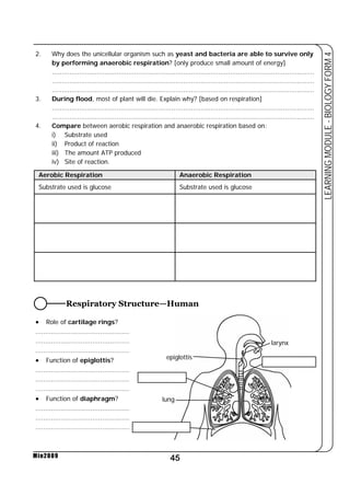 2. Why does the unicellular organism such as yeast and bacteria are able to survive only 
by performing anaerobic respiration? [only produce small amount of energy] 
...................................................................................................................................... 
...................................................................................................................................... 
...................................................................................................................................... 
3. During flood, most of plant will die. Explain why? [based on respiration] 
...................................................................................................................................... 
...................................................................................................................................... 
4. Compare between aerobic respiration and anaerobic respiration based on: 
i) Substrate used 
ii) Product of reaction 
iii) The amount ATP produced 
iv) Site of reaction. 
Aerobic Respiration Anaerobic Respiration 
Substrate used is glucose Substrate used is glucose 
Respiratory Structure—Human 
45 
LEARNING MODULE - BIOLOGY FORM 4 
• Role of cartilage rings? 
................................................ 
................................................ 
................................................ 
• Function of epiglottis? 
................................................ 
................................................ 
................................................ 
• Function of diaphragm? 
................................................ 
................................................ 
................................................ 
Min2009 
epiglottis 
larynx 
lung 
 