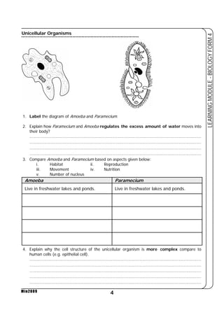 Unicellular Organisms 
1. Label the diagram of Amoeba and Paramecium. 
2. Explain how Paramecium and Amoeba regulates the excess amount of water moves into 
their body? 
......................................................................................................................................... 
......................................................................................................................................... 
......................................................................................................................................... 
......................................................................................................................................... 
3. Compare Amoeba and Paramecium based on aspects given below: 
i. Habitat ii. Reproduction 
iii. Movement iv. Nutrition 
v. Number of nucleus 
Amoeba Paramecium 
Live in freshwater lakes and ponds. Live in freshwater lakes and ponds. 
4. Explain why the cell structure of the unicellular organism is more complex compare to 
human cells (e.g. epithelial cell). 
......................................................................................................................................... 
......................................................................................................................................... 
......................................................................................................................................... 
......................................................................................................................................... 
......................................................................................................................................... 
4 
LEARNING MODULE - BIOLOGY FORM 4 
Min2009 
 