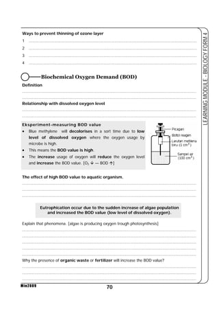 Ways to prevent thinning of ozone layer 
1 ......................................................................................................................................... 
2 ......................................................................................................................................... 
3 ......................................................................................................................................... 
4 ......................................................................................................................................... 
Biochemical Oxygen Demand (BOD) 
Definition 
.............................................................................................................................................. 
.............................................................................................................................................. 
Relationship with dissolved oxygen level 
.............................................................................................................................................. 
.............................................................................................................................................. 
Eksperiment-measuring BOD value 
• Blue methylene will decolorises in a sort time due to low 
level of dissolved oxygen where the oxygen usage by 
microbe is high. 
• This means the BOD value is high. 
• The increase usage of oxygen will reduce the oxygen level 
and increase the BOD value. [O2 È — BOD Ç] 
The effect of high BOD value to aquatic organism. 
.............................................................................................................................................. 
.............................................................................................................................................. 
.............................................................................................................................................. 
70 
LEARNING MODULE - BIOLOGY FORM 4 
Min2009 
Eutrophication occur due to the sudden increase of algae population 
and increased the BOD value (low level of dissolved oxygen). 
Explain that phenomena. [algae is producing oxygen trough photosynthesis] 
.............................................................................................................................................. 
.............................................................................................................................................. 
.............................................................................................................................................. 
.............................................................................................................................................. 
.............................................................................................................................................. 
Why the presence of organic waste or fertilizer will increase the BOD value? 
.............................................................................................................................................. 
.............................................................................................................................................. 
.............................................................................................................................................. 
 
