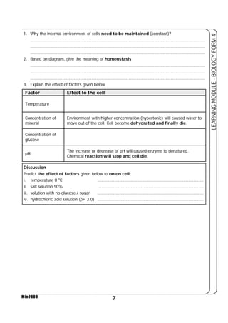 1. Why the internal environment of cells need to be maintained (constant)? 
......................................................................................................................................... 
......................................................................................................................................... 
......................................................................................................................................... 
2. Based on diagram, give the meaning of homeostasis 
......................................................................................................................................... 
......................................................................................................................................... 
......................................................................................................................................... 
7 
LEARNING MODULE - BIOLOGY FORM 4 
3. Explain the effect of factors given below. 
Factor Effect to the cell 
Temperature 
Concentration of 
mineral 
Min2009 
Environment with higher concentration (hypertonic) will caused water to 
move out of the cell. Cell become dehydrated and finally die. 
Concentration of 
glucose 
pH The increase or decrease of pH will caused enzyme to denatured. 
Chemical reaction will stop and cell die. 
Discussion 
Predict the effect of factors given below to onion cell; 
i. temperature 0 oC ................................................................................... 
ii. salt solution 50% ................................................................................... 
iii. solution with no glucose / sugar ................................................................................... 
iv. hydrochloric acid solution (pH 2.0) ................................................................................... 
 