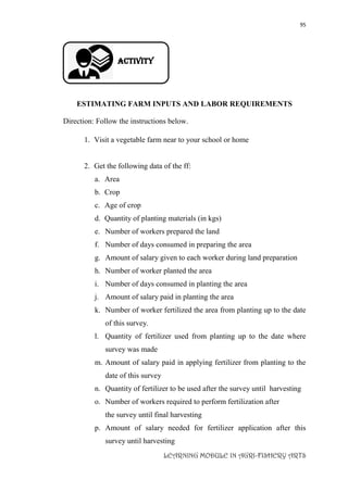 95
LEARNING MODULE IN AGRI-FISHERY ARTS
Activity
ESTIMATING FARM INPUTS AND LABOR REQUIREMENTS
Direction: Follow the instructions below.
1. Visit a vegetable farm near to your school or home
2. Get the following data of the ff:
a. Area
b. Crop
c. Age of crop
d. Quantity of planting materials (in kgs)
e. Number of workers prepared the land
f. Number of days consumed in preparing the area
g. Amount of salary given to each worker during land preparation
h. Number of worker planted the area
i. Number of days consumed in planting the area
j. Amount of salary paid in planting the area
k. Number of worker fertilized the area from planting up to the date
of this survey.
l. Quantity of fertilizer used from planting up to the date where
survey was made
m. Amount of salary paid in applying fertilizer from planting to the
date of this survey
n. Quantity of fertilizer to be used after the survey until harvesting
o. Number of workers required to perform fertilization after
the survey until final harvesting
p. Amount of salary needed for fertilizer application after this
survey until harvesting
 