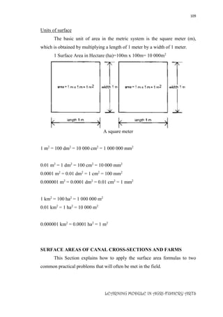 109
LEARNING MODULE IN AGRI-FISHERY ARTS
Units of surface
The basic unit of area in the metric system is the square meter (m),
which is obtained by multiplying a length of 1 meter by a width of 1 meter.
1 Surface Area in Hectare (ha)=100m x 100m= 10 000m2
A square meter
1 m2
= 100 dm2
= 10 000 cm2
= 1 000 000 mm2
0.01 m2
= 1 dm2
= 100 cm2
= 10 000 mm2
0.0001 m2
= 0.01 dm2
= 1 cm2
= 100 mm2
0.000001 m2
= 0.0001 dm2
= 0.01 cm2
= 1 mm2
1 km2
= 100 ha2
= 1 000 000 m2
0.01 km2
= 1 ha2
= 10 000 m2
0.000001 km2
= 0.0001 ha2
= 1 m2
SURFACE AREAS OF CANAL CROSS-SECTIONS AND FARMS
This Section explains how to apply the surface area formulas to two
common practical problems that will often be met in the field.
 