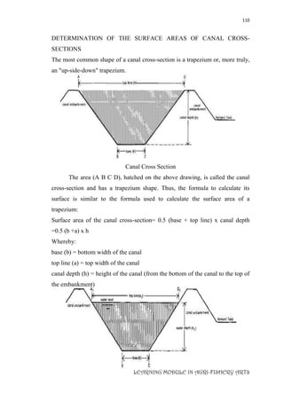 110
LEARNING MODULE IN AGRI-FISHERY ARTS
DETERMINATION OF THE SURFACE AREAS OF CANAL CROSS-
SECTIONS
The most common shape of a canal cross-section is a trapezium or, more truly,
an "up-side-down" trapezium.
Canal Cross Section
The area (A B C D), hatched on the above drawing, is called the canal
cross-section and has a trapezium shape. Thus, the formula to calculate its
surface is similar to the formula used to calculate the surface area of a
trapezium:
Surface area of the canal cross-section= 0.5 (base + top line) x canal depth
=0.5 (b +a) x h
Whereby:
base (b) = bottom width of the canal
top line (a) = top width of the canal
canal depth (h) = height of the canal (from the bottom of the canal to the top of
the embankment)
 