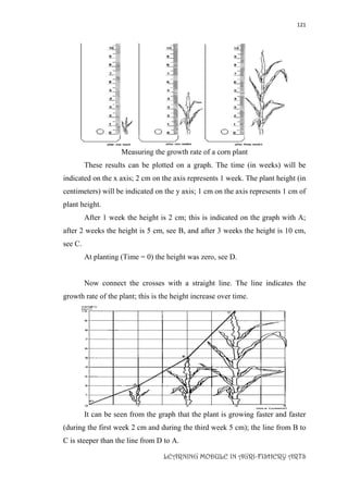 121
LEARNING MODULE IN AGRI-FISHERY ARTS
Measuring the growth rate of a corn plant
These results can be plotted on a graph. The time (in weeks) will be
indicated on the x axis; 2 cm on the axis represents 1 week. The plant height (in
centimeters) will be indicated on the y axis; 1 cm on the axis represents 1 cm of
plant height.
After 1 week the height is 2 cm; this is indicated on the graph with A;
after 2 weeks the height is 5 cm, see B, and after 3 weeks the height is 10 cm,
see C.
At planting (Time = 0) the height was zero, see D.
Now connect the crosses with a straight line. The line indicates the
growth rate of the plant; this is the height increase over time.
It can be seen from the graph that the plant is growing faster and faster
(during the first week 2 cm and during the third week 5 cm); the line from B to
C is steeper than the line from D to A.
 