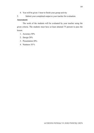 160
LEARNING MODULE IN AGRI-FISHERY ARTS
4. You will be given 1 hour to finish your group activity
5. Submit your completed output to your teacher for evaluation.
Assessment:
The work of the students will be evaluated by your teacher using the
given criteria. The students must have at least attained 75 percent to pass the
lesson.
1. Accuracy 50%
2. Design 20%
3. Presentation 20%
4. Neatness 10 %
 