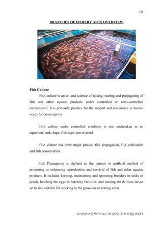 211
LEARNING MODULE IN AGRI-FISHERY ARTS
BRANCHES OF FISHERY ARTS OVERVIEW
Fish Culture
Fish culture is an art and science of raising, rearing and propagating of
fish and other aquatic products under controlled or semi-controlled
environment. It is primarily practice for the support and sustenance to human
needs for consumption.
Fish culture under controlled condition is one undertaken in an
aquarium, tank, hapa, fish cage, pen or pond.
Fish culture has three major phases: fish propagation, fish cultivation
and fish conservation.
Fish Propagation is defined as the natural or artificial method of
promoting or enhancing reproduction and survival of fish and other aquatic
products. It includes keeping, maintaining and spawning breeders in tanks or
ponds, hatching the eggs in hatchery facilities, and nursing the delicate larvae
up to size suitable for stocking in the grow-our or rearing areas.
 