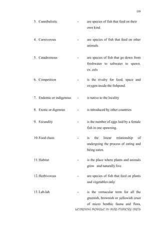 239
LEARNING MODULE IN AGRI-FISHERY ARTS
3. Cannibalistic - are species of fish that feed on their
own kind.
4. Carnivorous - are species of fish that feed on other
animals.
5. Catadromous - are species of fish that go down from
freshwater to saltwater to spawn.
ex: eels
6. Competition - is the rivalry for food, space and
oxygen inside the fishpond.
7. Endemic or indigenous - is native to the locality
8. Exotic or digenous - is introduced by other countries
9. Fecundity - is the number of eggs laid by a female
fish in one spawning.
10.Food chain - is the linear relationship of
undergoing the process of eating and
being eaten.
11.Habitat - is the place where plants and animals
grow and naturally live.
12.Herbivorous - are species of fish that feed on plants
and vegetables only
13.Lab-lab - is the vernacular term for all the
greenish, brownish or yellowish crust
of micro benthic fauna and flora,
 