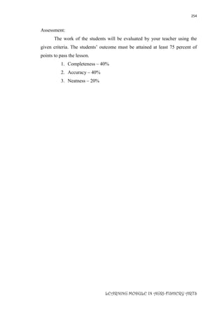 254
LEARNING MODULE IN AGRI-FISHERY ARTS
Assessment:
The work of the students will be evaluated by your teacher using the
given criteria. The students’ outcome must be attained at least 75 percent of
points to pass the lesson.
1. Completeness – 40%
2. Accuracy – 40%
3. Neatness – 20%
 