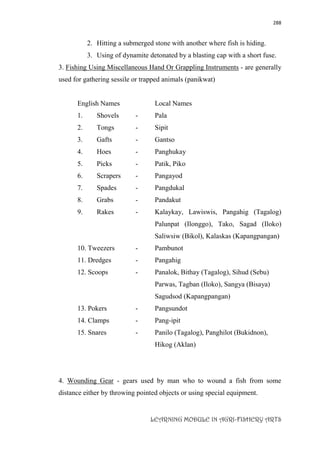 288
LEARNING MODULE IN AGRI-FISHERY ARTS
2. Hitting a submerged stone with another where fish is hiding.
3. Using of dynamite detonated by a blasting cap with a short fuse.
3. Fishing Using Miscellaneous Hand Or Grappling Instruments - are generally
used for gathering sessile or trapped animals (panikwat)
English Names Local Names
1. Shovels - Pala
2. Tongs - Sipit
3. Gafts - Gantso
4. Hoes - Panghukay
5. Picks - Patik, Piko
6. Scrapers - Pangayod
7. Spades - Pangdukal
8. Grabs - Pandakut
9. Rakes - Kalaykay, Lawiswis, Pangahig (Tagalog)
Palunpat (Ilonggo), Tako, Sagad (Iloko)
Saliwsiw (Bikol), Kalaskas (Kapangpangan)
10. Tweezers - Pambunot
11. Dredges - Pangahig
12. Scoops - Panalok, Bithay (Tagalog), Sihud (Sebu)
Parwas, Tagban (Iloko), Sangya (Bisaya)
Sagudsod (Kapangpangan)
13. Pokers - Pangsundot
14. Clamps - Pang-ipit
15. Snares - Panilo (Tagalog), Panghilot (Bukidnon),
Hikog (Aklan)
4. Wounding Gear - gears used by man who to wound a fish from some
distance either by throwing pointed objects or using special equipment.
 