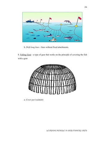296
LEARNING MODULE IN AGRI-FISHERY ARTS
b. Drift long lines - lines without fixed attachments.
8. Falling Gear - a type of gear that works on the principle of covering the fish
with a gear
a. Cover pot (salakab)
 