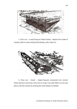 298
LEARNING MODULE IN AGRI-FISHERY ARTS
a. Filter nets – a conical bag net without funnel – shaped valves made of
sinamay cloth or cotton netting fixed shrimps, crabs, fishes etc.
b. Hoop nets – funnel – shaped bag-nets constructed over circular
frames that have non-return valves but no wings. Can catch fishes in rivers and
places with fast currents by straining the water (bukato na lambat)
 