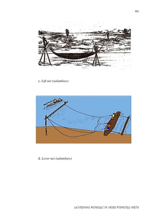 301
LEARNING MODULE IN AGRI-FISHERY ARTS
c. Lift net (salambaw)
d. Lever net (salambaw)
 