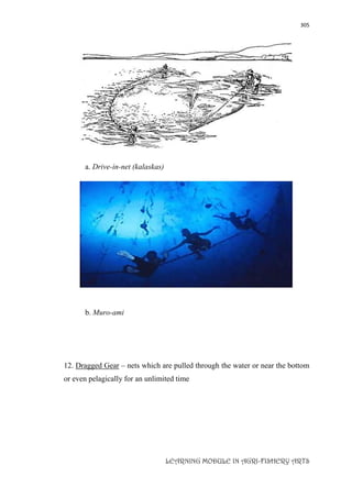 305
LEARNING MODULE IN AGRI-FISHERY ARTS
a. Drive-in-net (kalaskas)
b. Muro-ami
12. Dragged Gear – nets which are pulled through the water or near the bottom
or even pelagically for an unlimited time
 