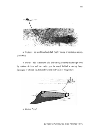 306
LEARNING MODULE IN AGRI-FISHERY ARTS
a. Dredges – net used to collect shell fish by raking or scratching action.
(kaladkad)
b. Trawls – nets in the form of a conical bag with the mouth kept open
by various devices and the entire gear is towed behind a moving boat.
(galadgad or taksay). I.e, bottom trawl and mid-water or pelagic trawl
a. Bottom Trawl
 