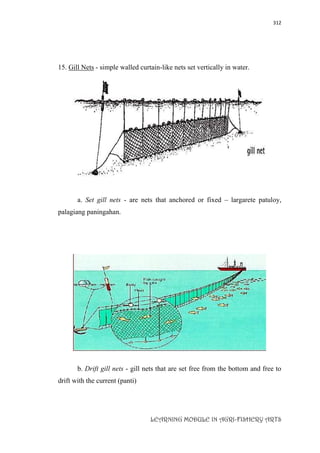 312
LEARNING MODULE IN AGRI-FISHERY ARTS
15. Gill Nets - simple walled curtain-like nets set vertically in water.
a. Set gill nets - are nets that anchored or fixed – largarete patuloy,
palagiang paningahan.
b. Drift gill nets - gill nets that are set free from the bottom and free to
drift with the current (panti)
 