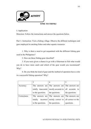 315
LEARNING MODULE IN AGRI-FISHERY ARTS
Activity
TIME TO THINK!
I. Application
Direction: Follow the instructions and answer the questions below.
Part 1- Instruction: Visit a fishing village. Observe the different techniques and
gear employed in catching fishes and other aquatic resources
1. Why is there a need to get acquainted with the different fishing gear
used in the Philippines?
2. How are these fishing gear classified?
3. If you were given a chance to go with a fisherman to fish what would
you do to have more catch and which of the gear would you recommend?
Why?
4. Do you think the kind of gear and the method of operation have a role
in a successful fishing operation? Why?
3 4 5
Accuracy The answers are
totally inaccurate
to the questions.
The answers are
mostly accurate to
the questions.
The answers are
all accurate to
the questions.
Correctness The answers are
totally incorrect
to the questions.
The answers are
mostly correct to
the questions.
The answers are
all correct to the
questions.
 