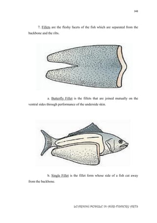 348
LEARNING MODULE IN AGRI-FISHERY ARTS
7. Fillets are the fleshy facets of the fish which are separated from the
backbone and the ribs.
a. Butterfly Fillet is the fillets that are joined mutually on the
ventral sides through performance of the underside skin.
b. Single Fillet is the fillet form whose side of a fish cut away
from the backbone.
 