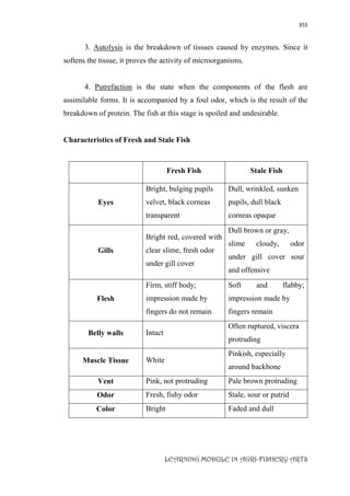 355
LEARNING MODULE IN AGRI-FISHERY ARTS
3. Autolysis is the breakdown of tissues caused by enzymes. Since it
softens the tissue, it proves the activity of microorganisms.
4. Putrefaction is the state when the components of the flesh are
assimilable forms. It is accompanied by a foul odor, which is the result of the
breakdown of protein. The fish at this stage is spoiled and undesirable.
Characteristics of Fresh and Stale Fish
Fresh Fish Stale Fish
Eyes
Bright, bulging pupils
velvet, black corneas
transparent
Dull, wrinkled, sunken
pupils, dull black
corneas opaque
Gills
Bright red, covered with
clear slime, fresh odor
under gill cover
Dull brown or gray,
slime cloudy, odor
under gill cover sour
and offensive
Flesh
Firm, stiff body;
impression made by
fingers do not remain
Soft and flabby;
impression made by
fingers remain
Belly walls Intact
Often ruptured, viscera
protruding
Muscle Tissue White
Pinkish, especially
around backbone
Vent Pink, not protruding Pale brown protruding
Odor Fresh, fishy odor Stale, sour or putrid
Color Bright Faded and dull
 