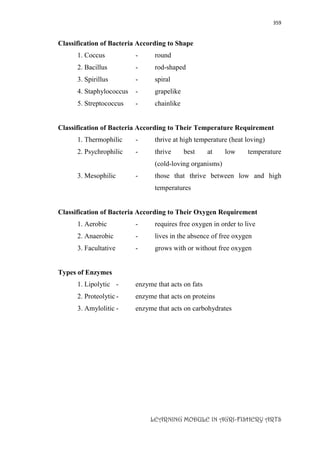 359
LEARNING MODULE IN AGRI-FISHERY ARTS
Classification of Bacteria According to Shape
1. Coccus - round
2. Bacillus - rod-shaped
3. Spirillus - spiral
4. Staphylococcus - grapelike
5. Streptococcus - chainlike
Classification of Bacteria According to Their Temperature Requirement
1. Thermophilic - thrive at high temperature (heat loving)
2. Psychrophilic - thrive best at low temperature
(cold-loving organisms)
3. Mesophilic - those that thrive between low and high
temperatures
Classification of Bacteria According to Their Oxygen Requirement
1. Aerobic - requires free oxygen in order to live
2. Anaerobic - lives in the absence of free oxygen
3. Facultative - grows with or without free oxygen
Types of Enzymes
1. Lipolytic - enzyme that acts on fats
2. Proteolytic - enzyme that acts on proteins
3. Amylolitic - enzyme that acts on carbohydrates
 