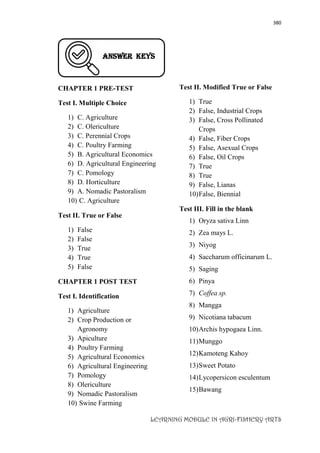 380
LEARNING MODULE IN AGRI-FISHERY ARTS
answer keys
CHAPTER 1 PRE-TEST
Test I. Multiple Choice
1) C. Agriculture
2) C. Olericulture
3) C. Perennial Crops
4) C. Poultry Farming
5) B. Agricultural Economics
6) D. Agricultural Engineering
7) C. Pomology
8) D. Horticulture
9) A. Nomadic Pastoralism
10) C. Agriculture
Test II. True or False
1) False
2) False
3) True
4) True
5) False
CHAPTER 1 POST TEST
Test I. Identification
1) Agriculture
2) Crop Production or
Agronomy
3) Apiculture
4) Poultry Farming
5) Agricultural Economics
6) Agricultural Engineering
7) Pomology
8) Olericulture
9) Nomadic Pastoralism
10) Swine Farming
Test II. Modified True or False
1) True
2) False, Industrial Crops
3) False, Cross Pollinated
Crops
4) False, Fiber Crops
5) False, Asexual Crops
6) False, Oil Crops
7) True
8) True
9) False, Lianas
10)False, Biennial
Test III. Fill in the blank
1) Oryza sativa Linn
2) Zea mays L.
3) Niyog
4) Saccharum officinarum L.
5) Saging
6) Pinya
7) Coffea sp.
8) Mangga
9) Nicotiana tabacum
10)Archis hypogaea Linn.
11)Munggo
12)Kamoteng Kahoy
13)Sweet Potato
14)Lycopersicon esculentum
15)Bawang
 