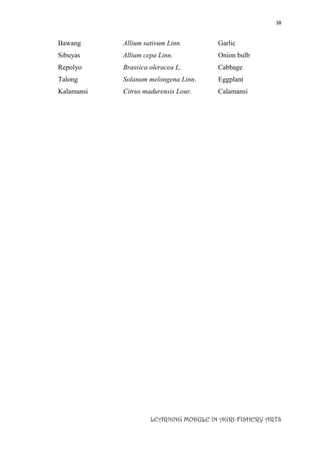 38
LEARNING MODULE IN AGRI-FISHERY ARTS
Bawang Allium sativum Linn. Garlic
Sibuyas Allium cepa Linn. Onion bulb
Repolyo Brassica oleracea L. Cabbage
Talong Solanum melongena Linn. Eggplant
Kalamansi Citrus madurensis Lour. Calamansi
 