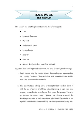 vi
LEARNING MODULE IN AGRI-FISHERY ARTS
How Do You Use
This Module?
This Module has nine Chapters and each has the following parts:
 Title
 Learning Outcomes
 Pre-Test
 Definition of Terms
 Lesson Proper
 Activity
 Post-Test
 Answer Key (at the later part of the module)
To get the most learning from this module, you need to comply the following:
1. Begin by analysing the chapter picture, then reading and understanding
the Learning Outcomes. These will show what you should know and be
able to do at the end of this module.
2. Find out what you already know by taking the Pre-Test then check it
with the use of answer key. If you get perfect score in each item, now
you may proceed to the next chapter. This means that you don’t have to
go through the entire chapter because you already acquired the
knowledge supposed to teach you. On the other hand, if you failed to get
a perfect score in each items correctly, you must proceed and study well
 