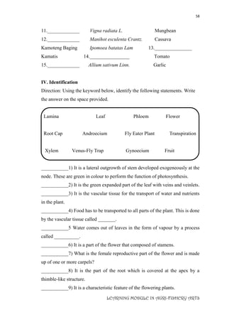58
LEARNING MODULE IN AGRI-FISHERY ARTS
11._____________ Vigna radiata L. Mungbean
12._____________ Manihot esculenta Crantz. Cassava
Kamoteng Baging Ipomoea batatas Lam 13._______________
Kamatis 14.________________ Tomato
15._____________ Allium sativum Linn. Garlic
IV. Identification
Direction: Using the keyword below, identify the following statements. Write
the answer on the space provided.
Lamina Leaf Phloem Flower
Root Cap Androecium Fly Eater Plant Transpiration
Xylem Venus-Fly Trap Gynoecium Fruit
___________1) It is a lateral outgrowth of stem developed exogeneously at the
node. These are green in colour to perform the function of photosynthesis.
___________2) It is the green expanded part of the leaf with veins and veinlets.
___________3) It is the vascular tissue for the transport of water and nutrients
in the plant.
___________4) Food has to be transported to all parts of the plant. This is done
by the vascular tissue called _______.
___________5 Water comes out of leaves in the form of vapour by a process
called __________.
___________6) It is a part of the flower that composed of stamens.
___________7) What is the female reproductive part of the flower and is made
up of one or more carpels?
___________8) It is the part of the root which is covered at the apex by a
thimble-like structure.
___________9) It is a characteristic feature of the flowering plants.
 