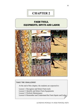 60
LEARNING MODULE IN AGRI-FISHERY ARTS
Farm Tools,
Equipments, Inputs AND LABOR
take the challenge!
At the end of this chapter, the students are expected to:
Lesson 1: Recognize and Select Farm tools
Lesson 2: Identify and Select Farm Equipments
Lesson 3: Perform Maintenance
Lesson 4: Remember and Understand the Farm Inputs and Labor
CHAPTER 2
 
