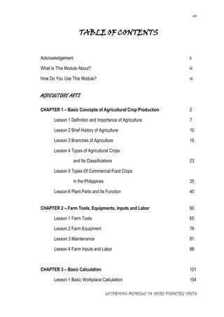 viii
LEARNING MODULE IN AGRI-FISHERY ARTS
TABLE OF CONTENTS
Acknowledgement ii
What Is This Module About? iii
How Do You Use This Module? vi
AGRICULTURE ARTS
CHAPTER 1 – Basic Concepts of Agricultural Crop Production 2
Lesson 1 Definition and Importance of Agriculture 7
Lesson 2 Brief History of Agriculture 10
Lesson 3 Branches of Agriculture 15
Lesson 4 Types of Agricultural Crops
and Its Classifications 23
Lesson 5 Types Of Commercial Food Crops
in the Philippines 35
Lesson 6 Plant Parts and Its Function 40
CHAPTER 2 – Farm Tools, Equipments, Inputs and Labor 60
Lesson 1 Farm Tools 65
Lesson 2 Farm Equipment 76
Lesson 3 Maintenance 81
Lesson 4 Farm Inputs and Labor 88
CHAPTER 3 – Basic Calculation 101
Lesson 1 Basic Workplace Calculation 104
 