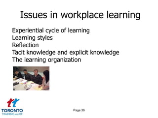 Issues in workplace learning
Experiential cycle of learning
Learning styles
Reflection
Tacit knowledge and explicit knowledge
The learning organization




                     Page 36
 