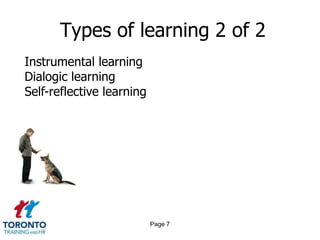 Types of learning 2 of 2
Instrumental learning
Dialogic learning
Self-reflective learning




                           Page 7
 