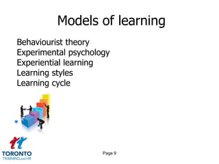 Models of learning
Behaviourist theory
Experimental psychology
Experiential learning
Learning styles
Learning cycle




                     Page 9
 