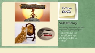 Self Efficacy
“I know I have the
strength, courage
and knowledge to
change”
11
Self efficacy is the belief you have
in yourself to get to your goal.
 