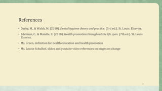 References
• Darby, M., & Walsh, M. (2010). Dental hygiene theory and practice. (3rd ed.). St. Louis: Elsevier.
• Edelman, C., & Mandle, C. (2010). Health promotion throughout the life span. (7th ed.). St. Louis:
Elsevier.
• Ms. Green, definition for health education and health promotion
• Ms. Louise Schulhof, slides and youtube video references on stages on change
23
 